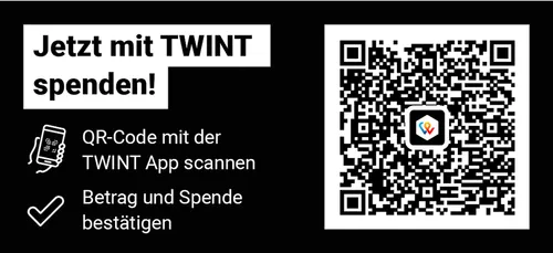 Jetzt mit TWINT spenden: QR-Code mit der TWINT App scannen, Betrag und Spende bestätigen